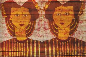 Doble retrato con palomas. Batik sobre seda natural (97 x 88 cm), 1978