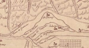 Fragmento del plano de la ciudad de Mendoza y la disposición de sus terrenos y cursos de agua (1781). Fuente: AGN
